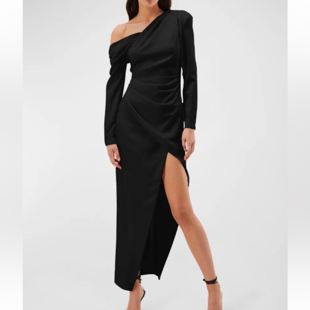NWT MISHA Black Asymmetrical Ruched DaSheill Gown XXS